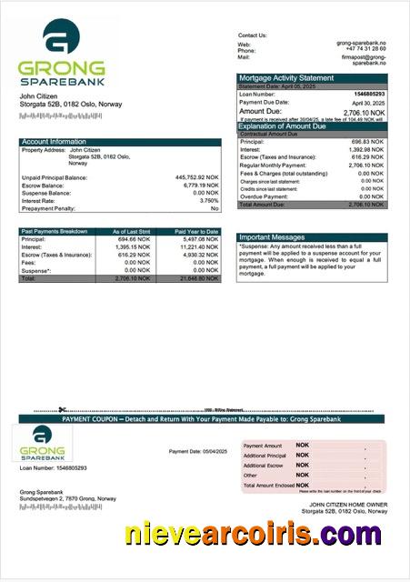 Norway Grong Sparebank mortgage statement Word and PDF template